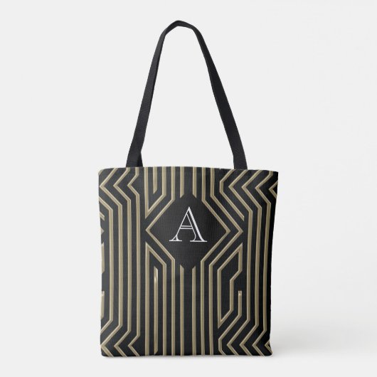 Art Deco Elegant Zwart Goud Monogram Tote Bag (Achterkant)