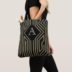 Art Deco Elegant Zwart Goud Monogram Tote Bag