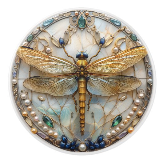 Art Deco Elegante Dragonfly Gouden Turquoise Parel Keramische Knop (Voorkant)