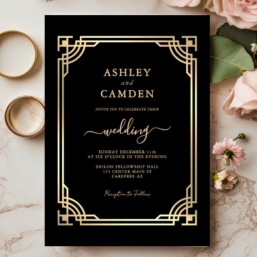 Art Deco Elegante Gouden Lijst Bruiloft Kaart