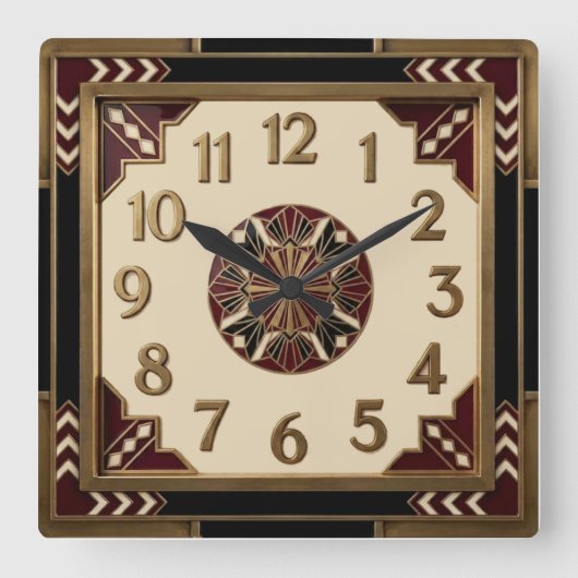Art Deco Elegante Rood Vierkante Klok (Voorkant)
