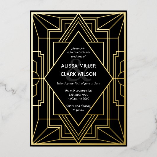 Art Deco Elegante Trouw Goud Folie Uitnodiging (Voorkant)