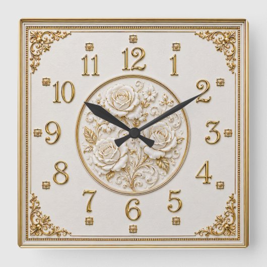 Art Deco Elegante Witte Roos Vierkante Klok (Voorkant)