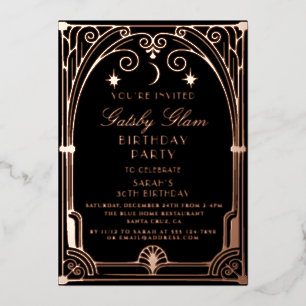 Art Deco Elegante Zwarte Goud 20s Klassieke Verjaa Folie Uitnodiging