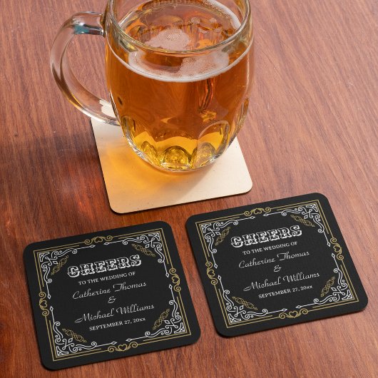 Art Deco Elegantie Zwart Wit Goud Bruiloft Kartonnen Onderzetters