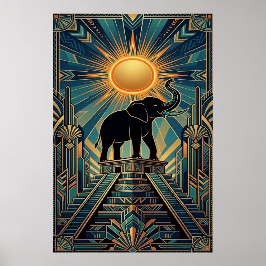 Art Deco Elephant Pyramid Golden Sunset Poster (Voorkant)