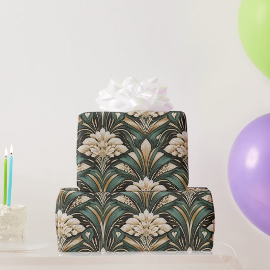 Art Deco Emerald Gilded Bloom Pattern Cadeaupapier (Feestgeschenken)