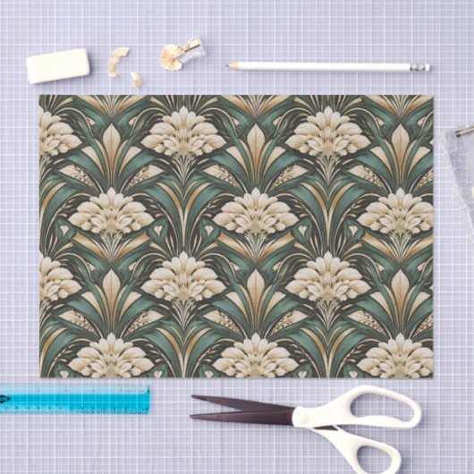 Art Deco Emerald Gilded Bloom Pattern Tissuepapier (Craft)