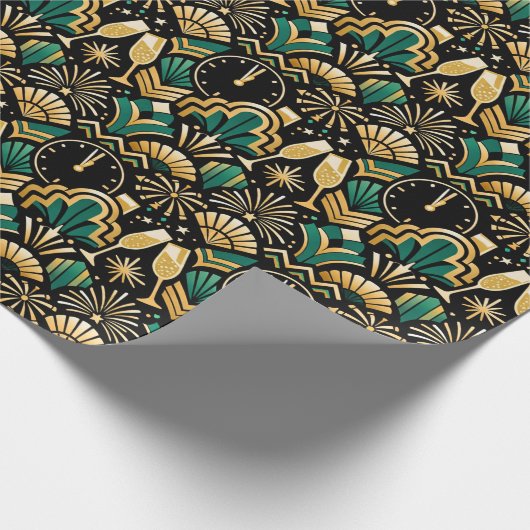 Art Deco Emerald Midnight New Year Pattern Cadeaupapier (Hoek)