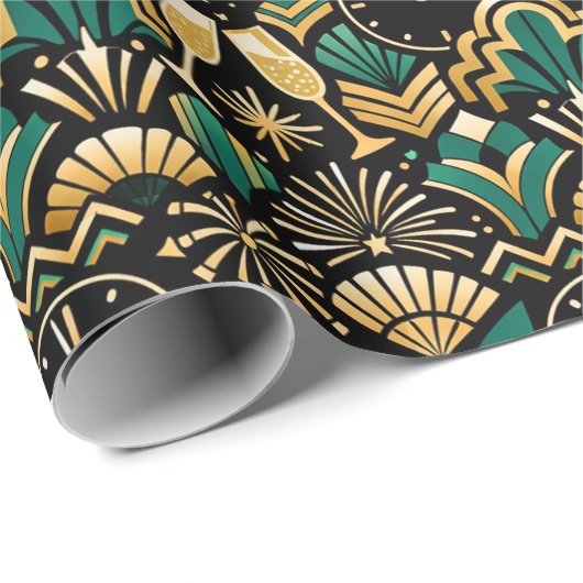 Art Deco Emerald Midnight New Year Pattern Cadeaupapier (Rol Hoek)