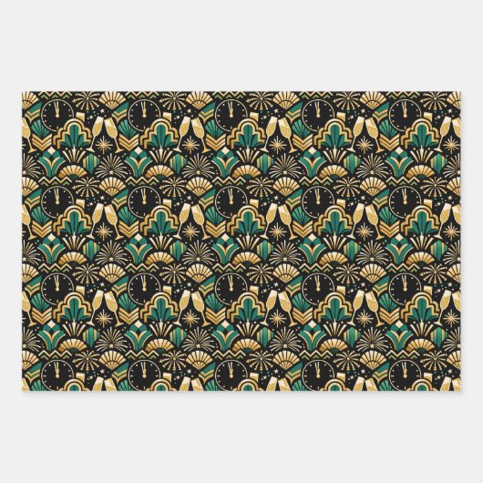 Art Deco Emerald Midnight New Year Pattern Inpakpapier Vel (Voorkant)