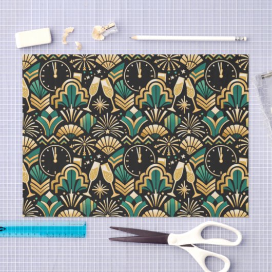 Art Deco Emerald Midnight New Year Pattern Tissuepapier (Craft)