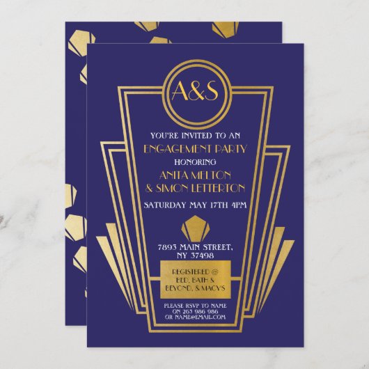 Art Deco Engagement Party uit 1920s nodigt Gatsby Kaart (Voorkant / Achterkant)