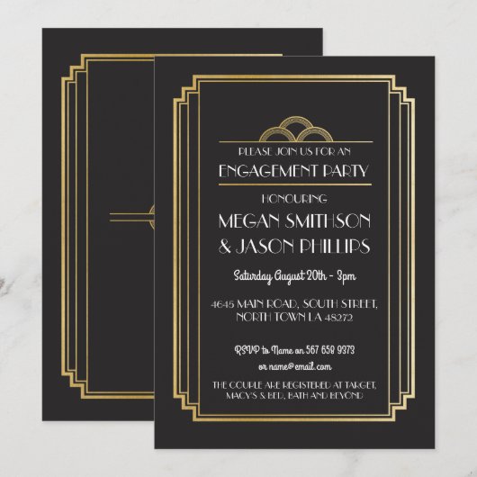 Art Deco Engagement Party-uitnodigingen voor Gold Kaart (Voorkant / Achterkant)