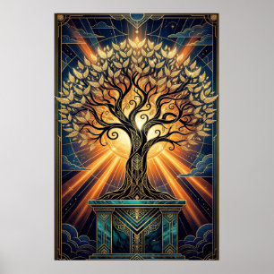 Art Deco Engelachtige Veerboom Goud & Middernacht  Poster