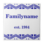 Art Deco Familienaam Tegeltje<br><div class="desc">Art Deco-familienaamTile - Blauw op wit met een geometrische grens</div>