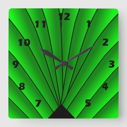 Art Deco Fan Design Green Square Wall klok (Voorkant)