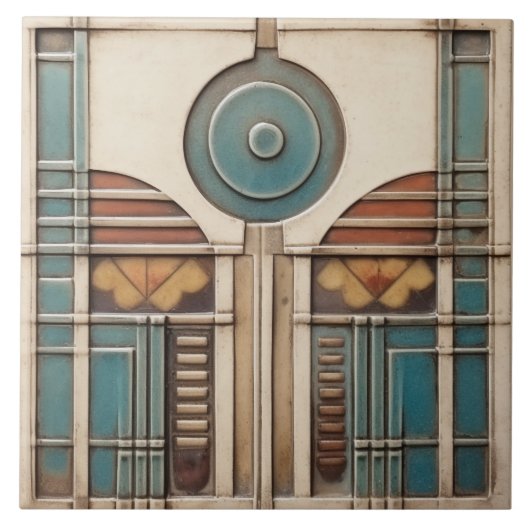 Art Deco Fan en Circle Blauwgroen Tan Rusty Tegeltje (Voorkant)