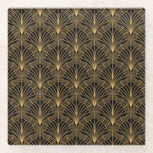 Art Deco Fan: Geometrisch Geel Zwart Glazen Onderzetter