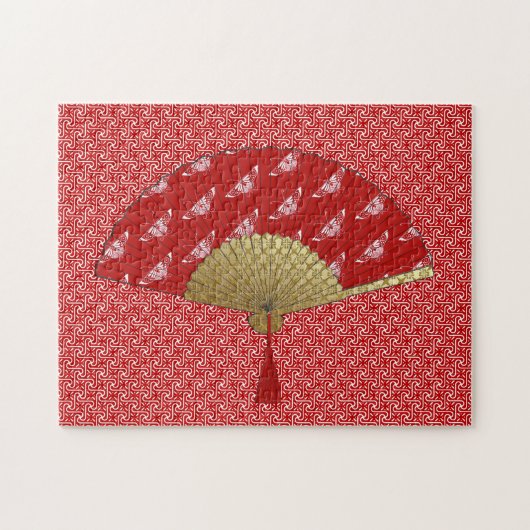 Art Deco Fan in een vlinderpatroon, diep rood Legpuzzel (Horizontaal)