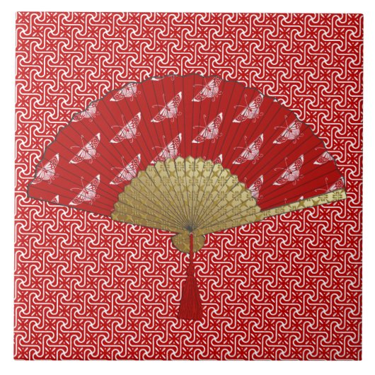 Art Deco Fan in een vlinderpatroon, diep rood Tegeltje (Voorkant)