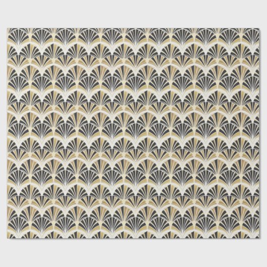 Art Deco Fan Patroon in Zwart & Goud op Wit Cadeaupapier (Vlak)