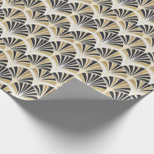 Art Deco Fan Patroon in Zwart & Goud op Wit Cadeaupapier (Hoek)