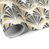 Art Deco Fan Patroon in Zwart & Goud op Wit Cadeaupapier (Rol Hoek)