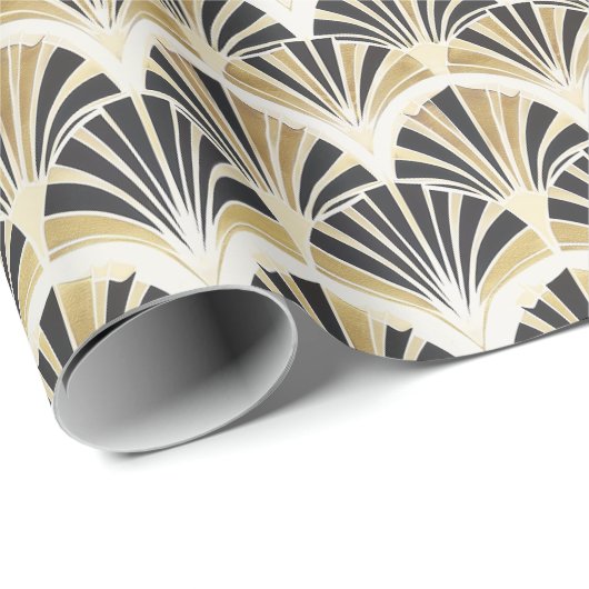 Art Deco Fan Patroon in Zwart & Goud op Wit Cadeaupapier (Rol Hoek)