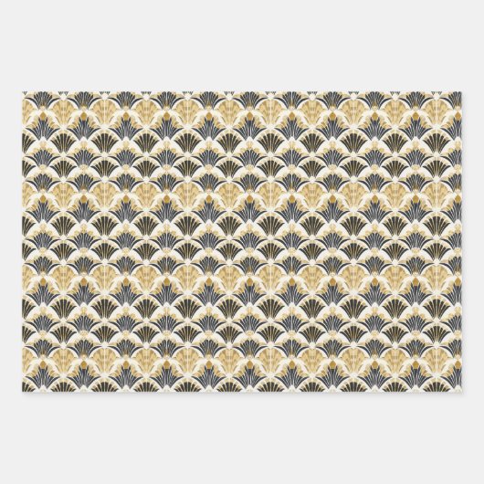 Art Deco Fan Patroon in Zwart & Goud op Wit Inpakpapier Vel (Voorkant 2)