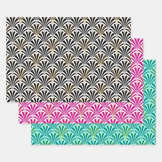 Art Deco Fan Pattern, Black/White, Roze, Aqua Inpakpapier Vel (Set)