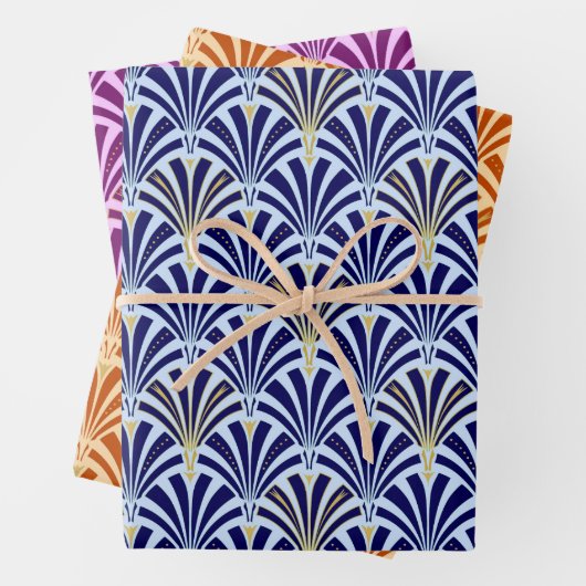 Art Deco Fan Pattern, Dark Blue, Oranje, Violet Inpakpapier Vel (In situ)