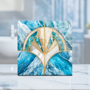 Art Deco Fan Shell - Blauw en Wit Marmer Tegeltje