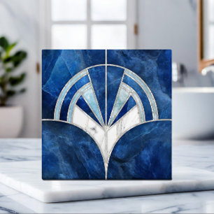 Art Deco Fan Shell - Blauw en Wit Marmer Tegeltje