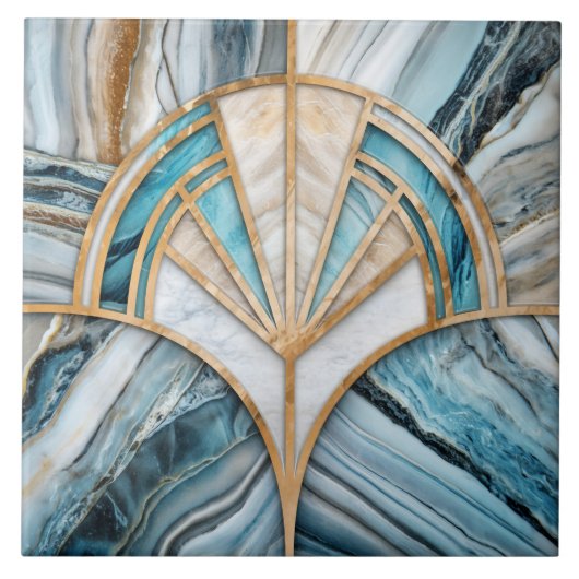 Art Deco Fan Shell - Travertijn en blauw Marmer Tegeltje (Voorkant)