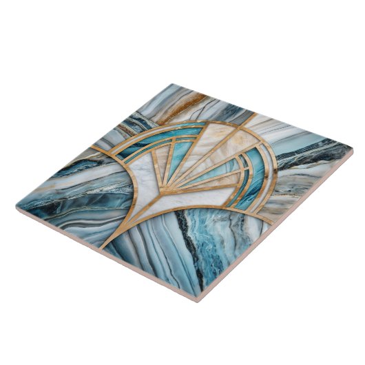 Art Deco Fan Shell - Travertijn en blauw Marmer Tegeltje (Zijkant)