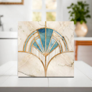 Art Deco Fan Shell - Travertijn en blauw Marmer Tegeltje