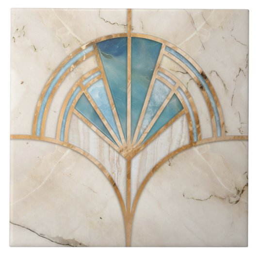 Art Deco Fan Shell - Travertijn en blauw Marmer Tegeltje (Voorkant)