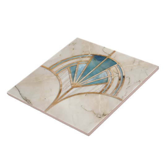 Art Deco Fan Shell - Travertijn en blauw Marmer Tegeltje (Zijkant)