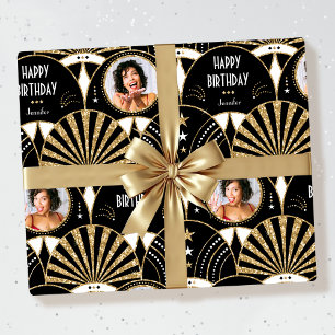 Art Deco Fan Verjaardag Faux Glitter Foto Zwart Cadeaupapier