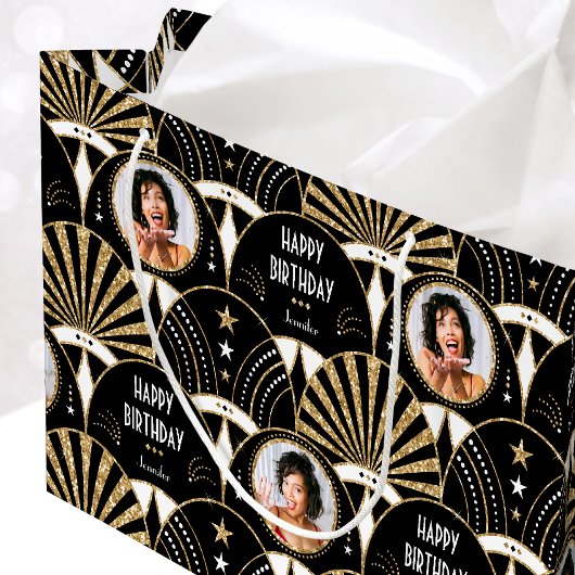 Art Deco Fan Verjaardag Faux Glitter Foto Zwart Groot Cadeauzakje