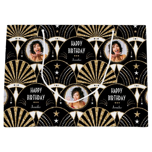 Art Deco Fan Verjaardag Faux Glitter Foto Zwart Groot Cadeauzakje (Voorkant)
