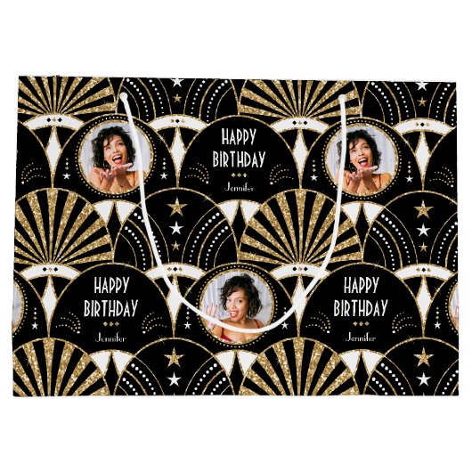 Art Deco Fan Verjaardag Faux Glitter Foto Zwart Groot Cadeauzakje (Achterkant)