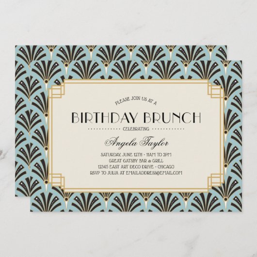 Art Deco Fans Birthday Brunch Blue Kaart (Voorkant / Achterkant)