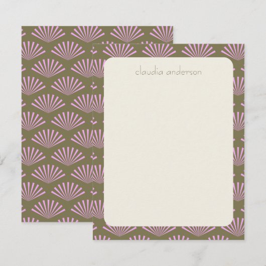 Art Deco Fans in Olive en Lila persoonlijke naam Notitiekaartje (Voorkant / Achterkant)