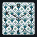 Art Deco Fans  Vierkante Klok<br><div class="desc">Deze muurklok heeft een kunstdecoontwerp van blauwgroen diamanten met diagonale lijnen en groene diamanten op een gebied van wit.</div>