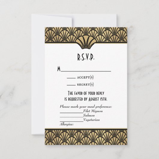 Art Deco Faux Gold Black Classic Wedding RSVP (Voorkant)