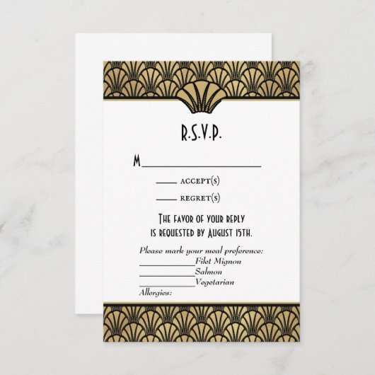 Art Deco Faux Gold Black Classic Wedding RSVP (Voorkant / Achterkant)