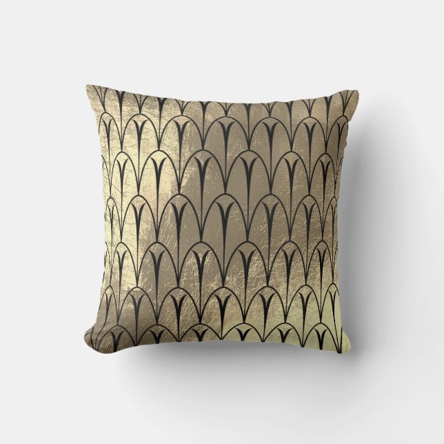 Art Deco Faux Sepia Black Gold Scales Seashells Kussen (Voorkant)