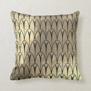 Art Deco Faux Sepia Black Gold Scales Seashells Kussen